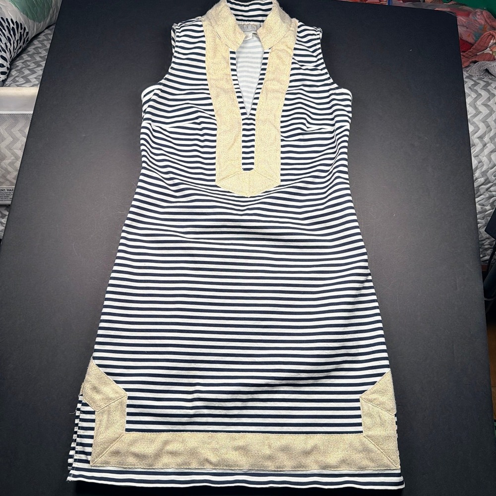 Sale to Sable Navy Stripe Metallic Gold Banding Accent Nautical Women's Dress Sm